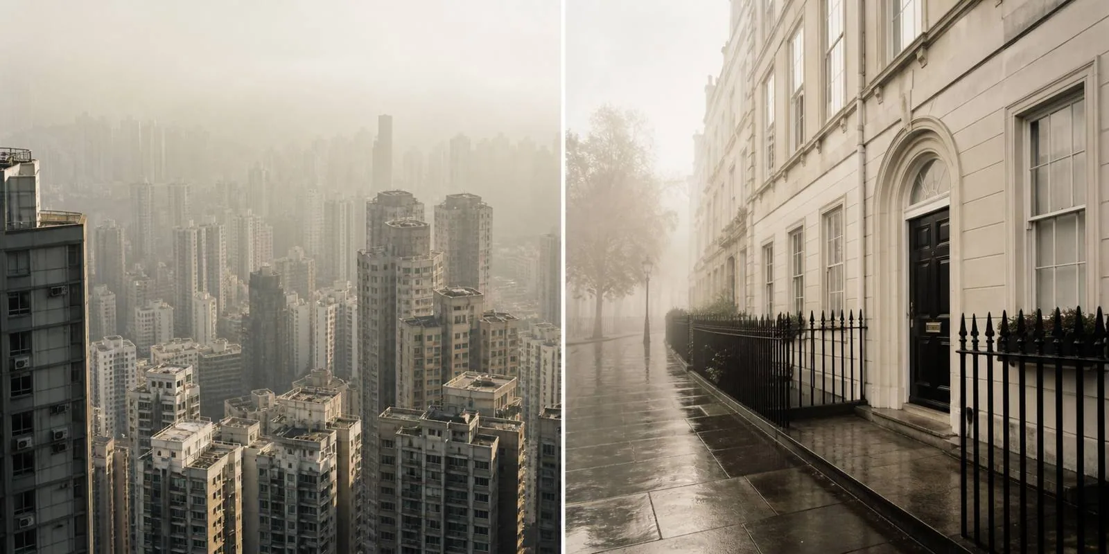 Hong Kong towers beside a wet London street