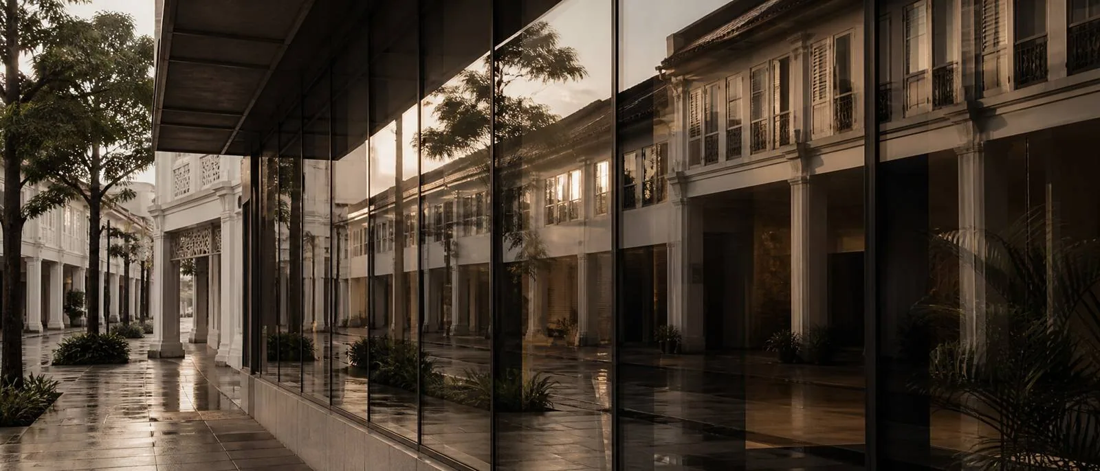 A shophouse colonnade reflected in glass, the old building doubled in the new one