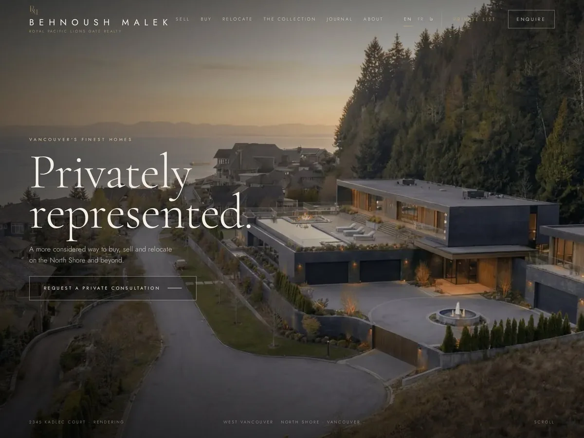 The home page of behnoushmalek.com: Privately represented, over an aerial view of a North Shore home at dusk