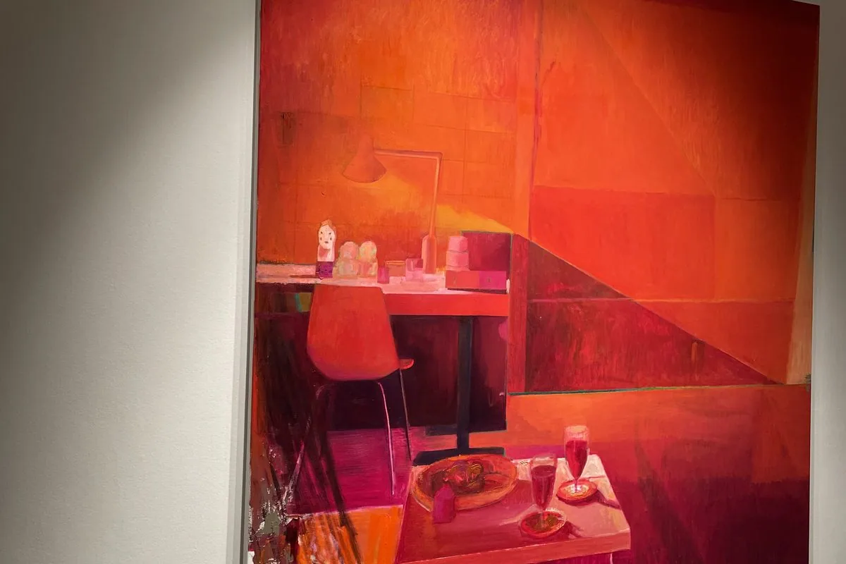 A large painting at a Mayfair gallery private view